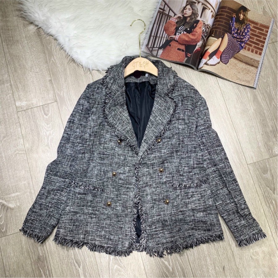 Áo dạ nữ dài tay TEMA - Áo dạ tweed xám ghi tua rua siêu xinh
