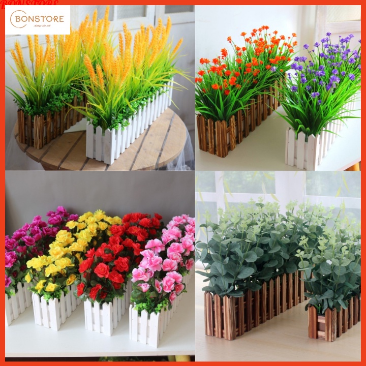 Giỏ hoa hàng rào gỗ dài 50cm cắm sẵn nhiều mẫu hoa giả, lá giả trang trí quán cà phê, nhà hàng, ban công đẹp HR-01