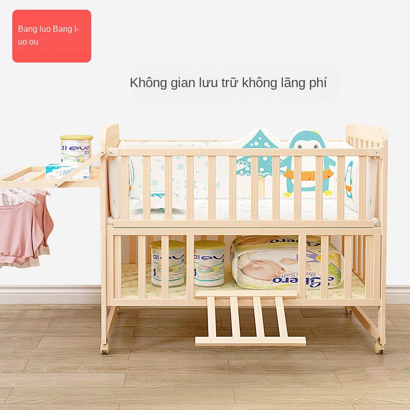 CũiNôi ghép gỗ nguyên khối giường lớn cho trẻ sơ sinh, không sơn, bb, nôi, em đa năng <1