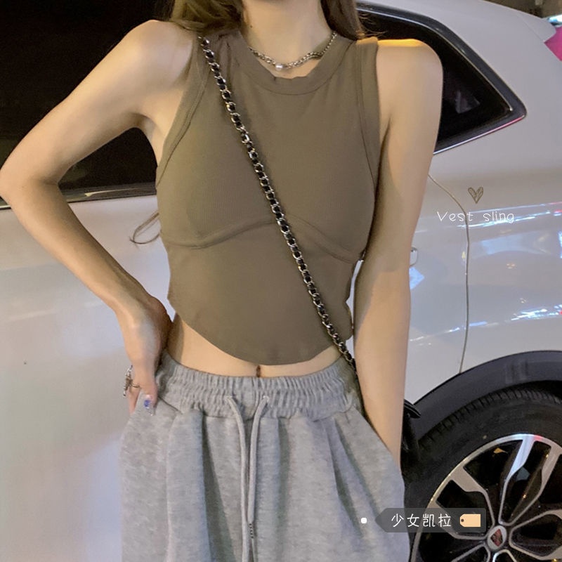 Áo Thun Thể Thao Sát Nách Cổ Tròn Ôm Dáng Có Đệm Ngực Bằng Vải Cotton Trơn Cho Nữ