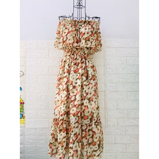 Đầm maxi lửng bẹt vai đuôi cá chất voan freesize 40-65kg