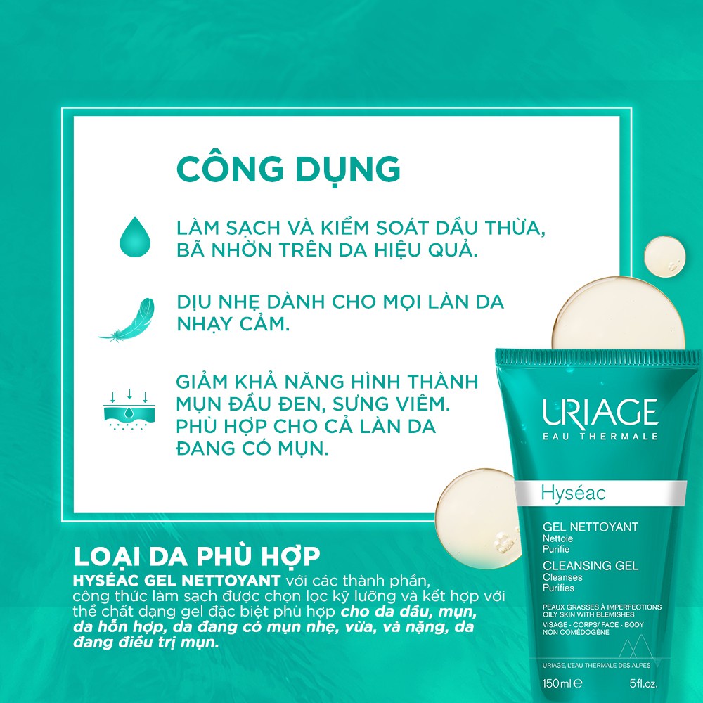 Sữa Rửa Mặt Uriage Hyséac Gel Nettoyant dạng gel dành cho da dầu mụn và da hỗn hợp 150ml