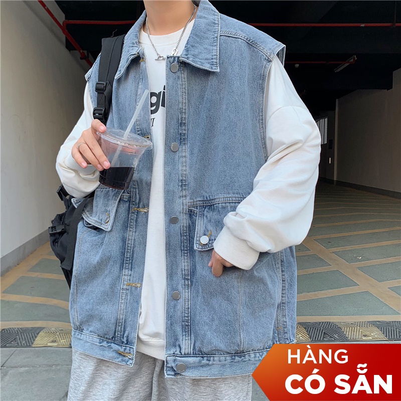 Áo gile nam dạng vest chất denim form rộng, áo ghi lê vest jean dáng rộng mặc hè năng động J3307