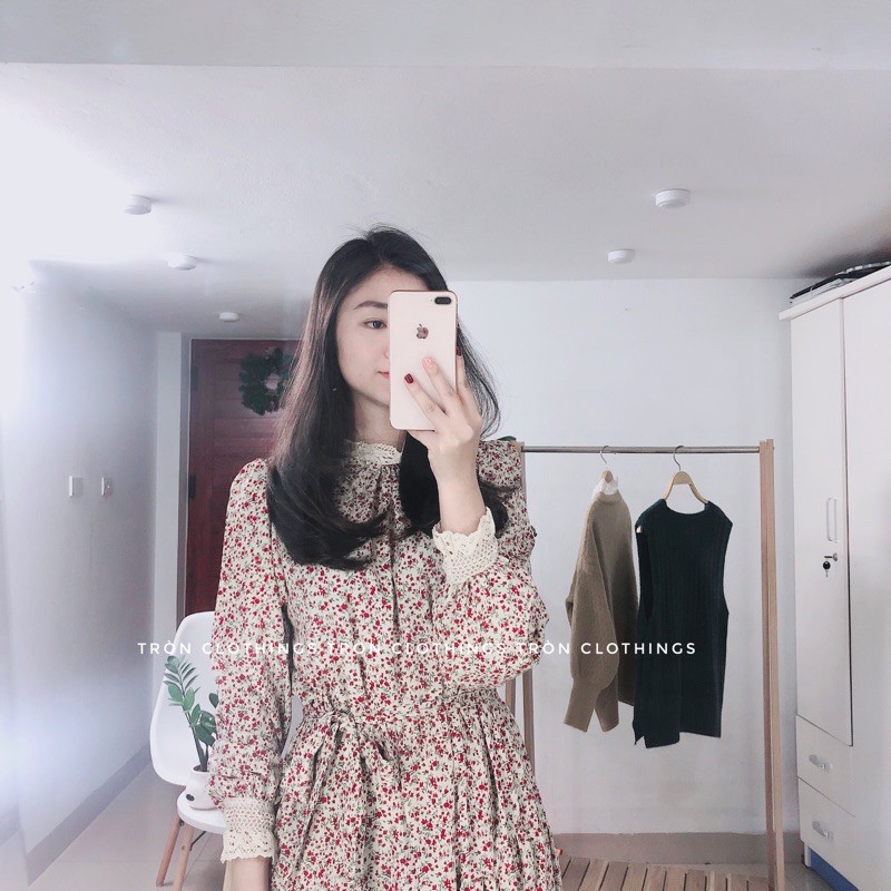 Váy Maxi Hoa Nhí Dài Cổ Và Tay Phối Len Ren Siêu Đẹp - Freesize | BigBuy360 - bigbuy360.vn