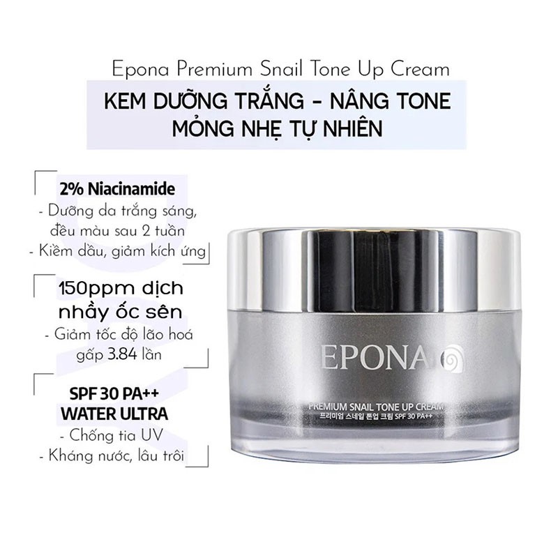 Kem Dưỡng Epona Sáng Da, Nâng Tông Chiết Xuất Ốc Sên Premium Snail Tone Up Cream SPF 30/ PA++ 50ml