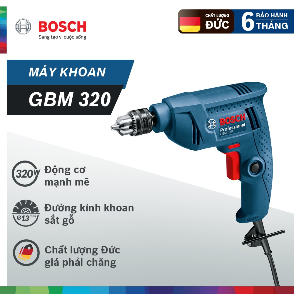 Máy khoan Bosch GBM 320 - Máy khoan cầm tay điện 320W, trọng lượng 1kg, khoan thép 6.5mm