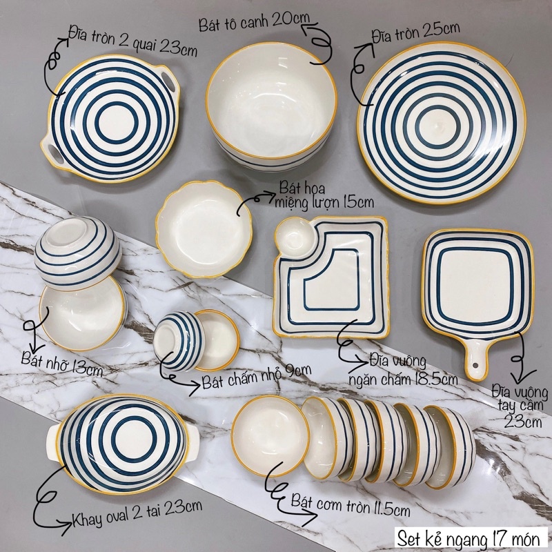 Bộ Bát Dĩa Chén Sứ ăn cơm hoạ tiết kẻ xanh vintage decor phong cách Bắc Âu