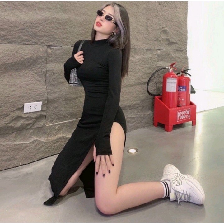 Đầm ôm body xẻ tà 2 bên tay dài xỏ ngón chất thun Borip loại 1 không xù lông Cam Kết Hàng Y Hình ( Size từ 40-53kg )