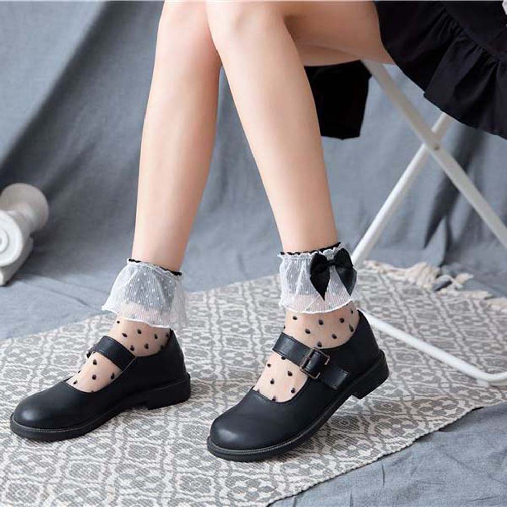 Vớ vải lụa nylon phối ren mỏng ống cao vừa phong cách Nhật Bản nhiều kiểu họa tiết tùy chọn thời trang màu hè cho nữ
