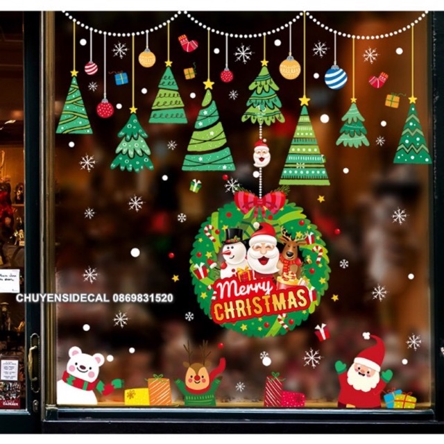 Combo Decal dán tường Noel - Vong nguyệt quế phối Rèm Thông( 2 tấm )