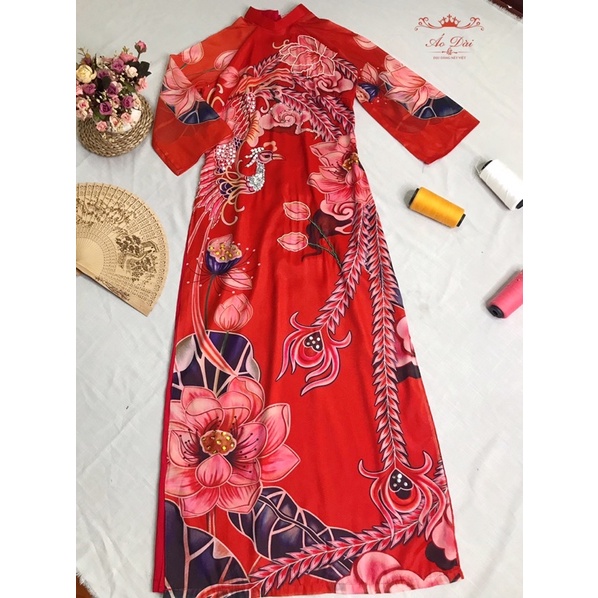 Áo dài cách tân 4 tà tơ sen đỏ kết đính áo dài sen thiết kế tặng kèm gương mini cho đơn trên 250k