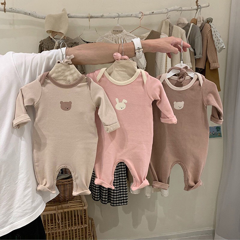 Bộ Quần Áo Bodysuit Cho Bé Trai Bé Gái Tuổi Họa Tiết Hình Gấu Đáng Yêu Chất Cotton Dày Dặn Mềm Mịn (Kèm Mũ)