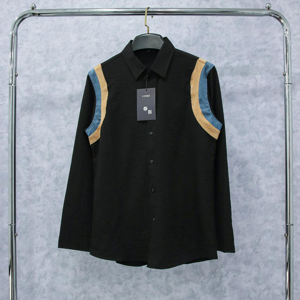 Áo sơ mi nam vãi đũi phối họa tiết bảnh