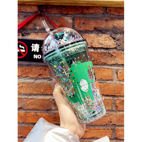 Ly giữ nhiệt Khủng long 3D🤗 kim tuyến 🤗  nhiều màu sắc 380ml dễ thương kute ( Tặng kèm ống hút 🤗 )