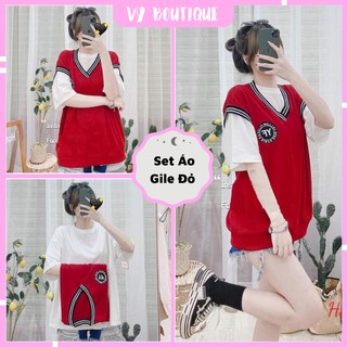 Set Áo Gile Đỏ Huy Hiệu Viền Cổ Kèm Áo Thun Trắng Chất Cotton Thoáng Mát