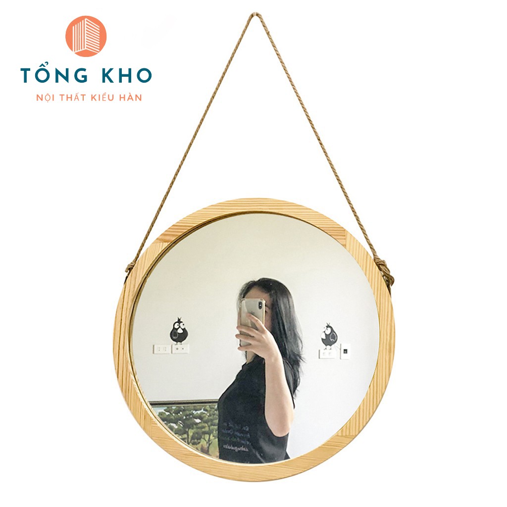 Gương tròn treo tường Decor Hàn Quốc gỗ thông cao cấp chống mối mọt xỉn màu