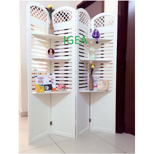 Bình phong vách ngăn gấp gọn chắn phòng khách, spa sọc ngang có kệ trang trí nội thất thông minh- IG464