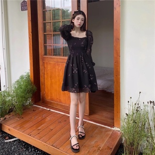 SẴN🎀Váy tiểu thư trễ vai voan hoa nhí phong cách Hàn Quốc/Đầm xoè ulzzang dáng xoè bo chun ngực cổ vuông