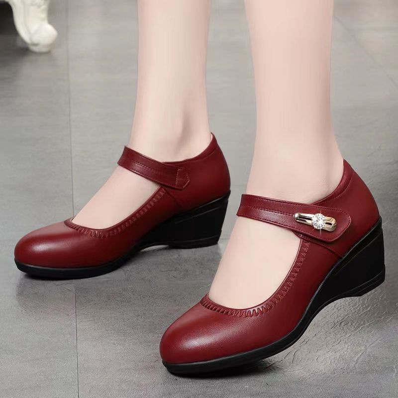 Giày Da Mềm Cao 5cm Chống Trượt Thoải Mái Thời Trang Mùa Hè Cho Phụ Nữ Trung Niên