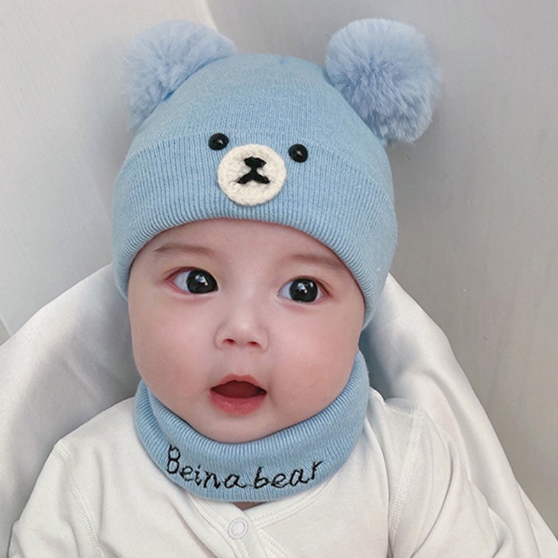 Set mũ trùm đầu kèm khăn choàng cổ dệt kim giữ ấm cho bé từ 3-12 tháng tuổi
