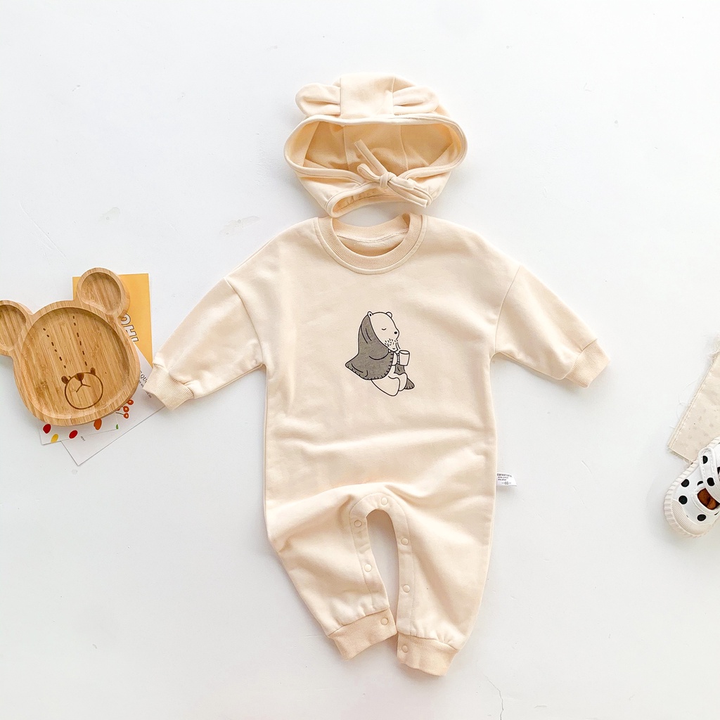 Bộ Áo Liền Quần Tay Dài In Hình Gấu Đáng Yêu Thời Trang Mùa Thu Thoải Mái Cho Bé Sơ Sinh