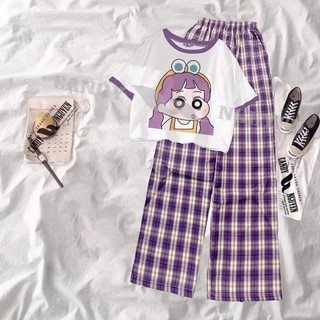 set áo thun croptop cô gái shin tóc tím + quần kẻ caro ống sông rộng màu tím Kt