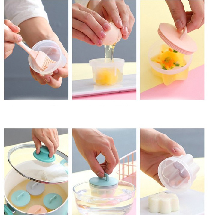 Set 4 Khuôn Dụng Cụ Luộc Trứng ANAEAT Bằng Nhựa Có Nắp Và Cọ