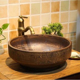 Chậu rửa lavabo gốm sứ nghệ thuật , chậu nghệ thuật cho tiệm nails, spa màu vân gỗ.