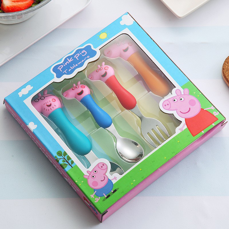 Muỗng nĩa bằng thép không gỉ có chuôi hình chú heo peppa cho bé
