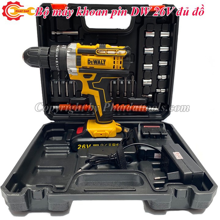 Máy khoan pin có búa DeWALT 26V đủ đồ-Máy khoan vặn vít dùng pin DW 26V 2 pin sạc li-ion-Bảo hành 6 tháng