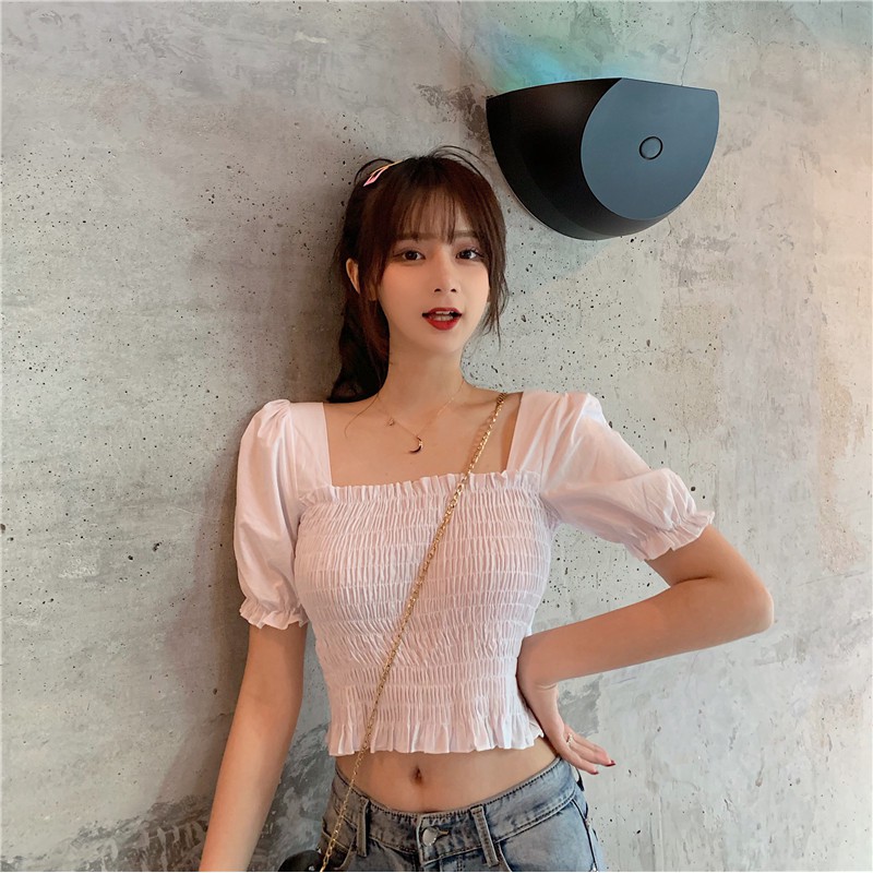 Áo Ulzzang Peplum Maoshop nhún ngực tay phồng Hàn Quốc, Áo peplum trắng bẹt vai tôn dáng cao cấp C40 - Maoshop | BigBuy360 - bigbuy360.vn