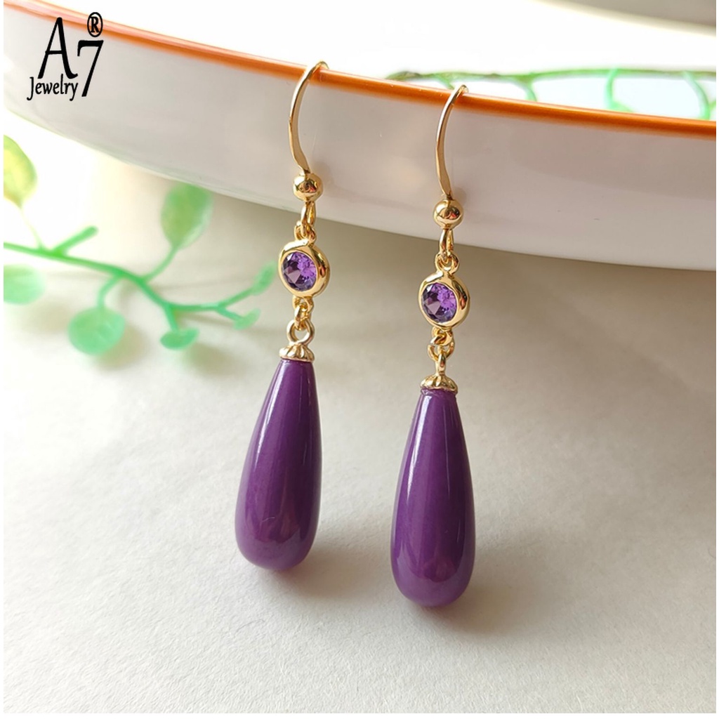 Bông Tai Bạc 925 Hình Giọt Nước Đính Đá Tím Phong Cách Đơn Giản Thời Trang