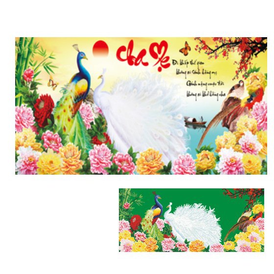 Tranh thêu chữ thập cha mẹ chim công mẫu đơn 3D LV3061 - Chưa thêu