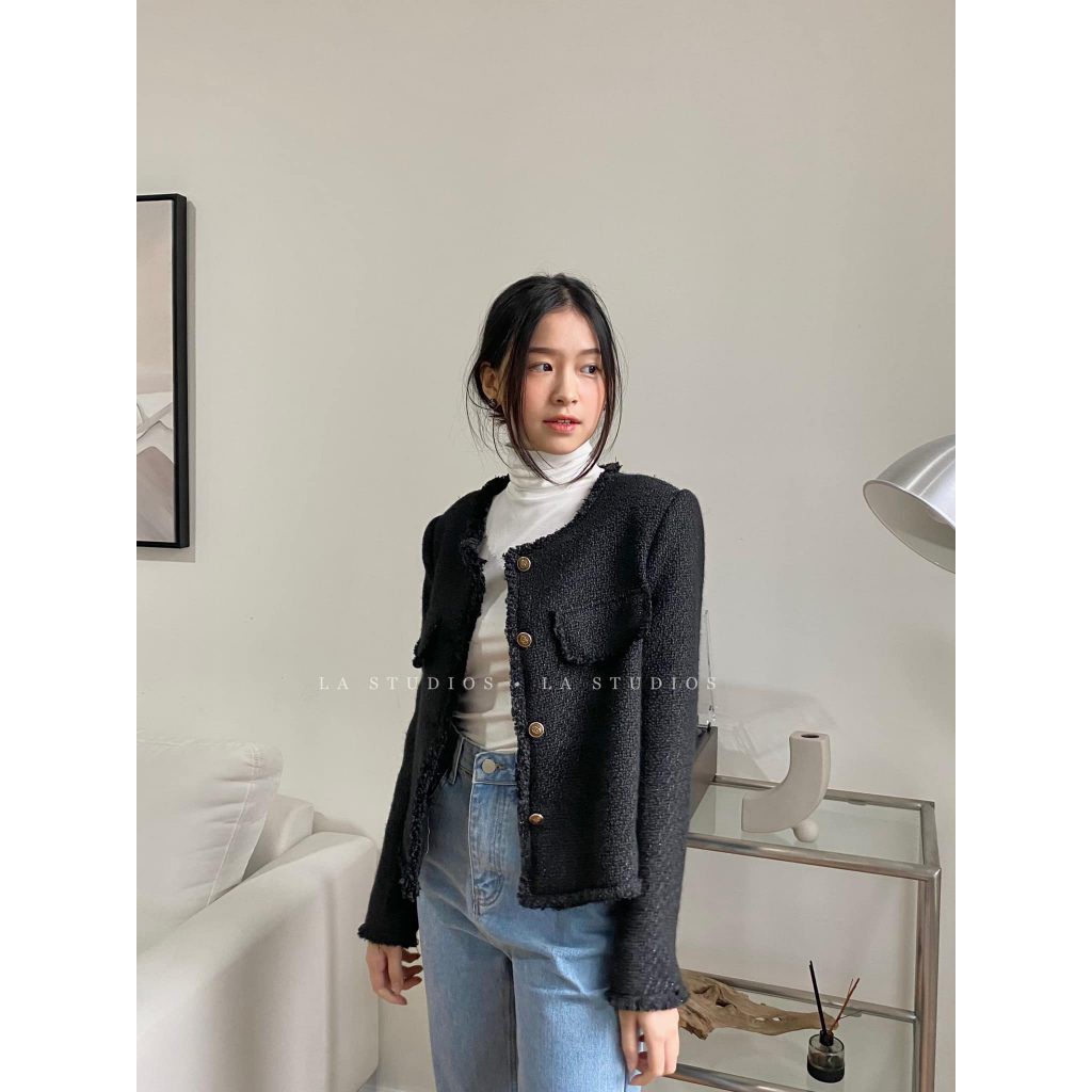 Áo khoác dạ tweed cổ tròn Hàn Quốc