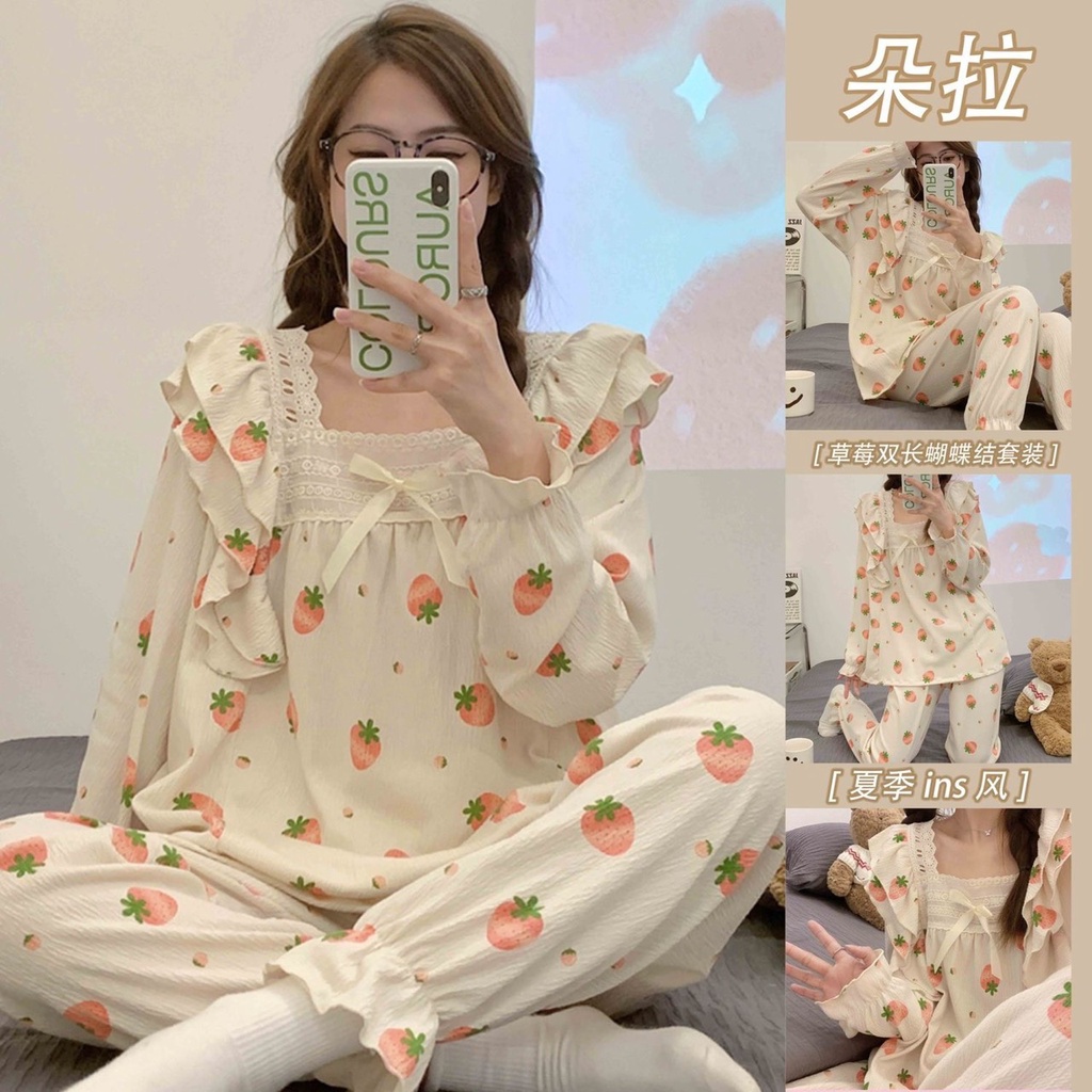 (Sẵn) Bộ Ngủ Mặc Nhà Dài Tay Cộc Tay Hình Dâu Bộ Ngủ Phối Viền Ren Thu Hot Năm 2022