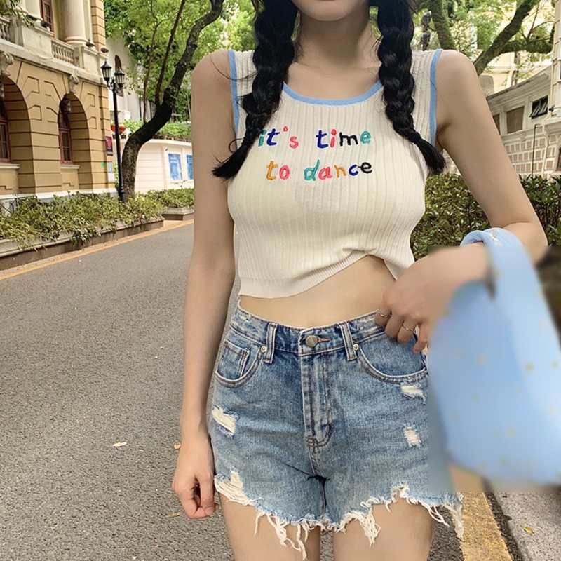 Áo Croptop Dệt Kim Không Tay Thêu Chữ Nhiều Màu Sắc Dễ Thương Cho Nữ