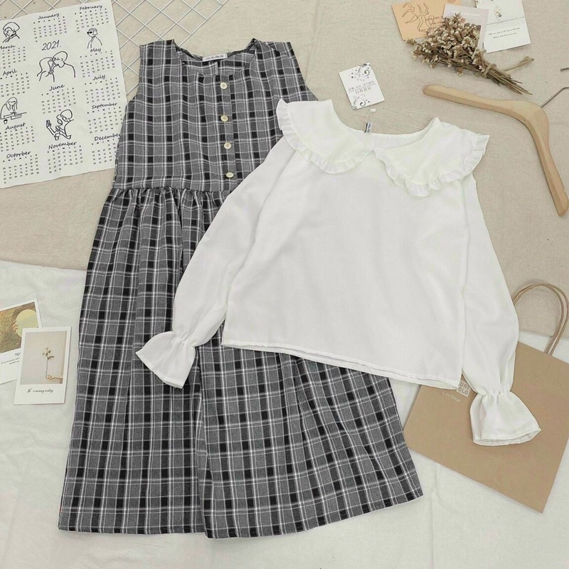 SET YẾM CARO KÈM ÁO SƠ MI CỔ SEN