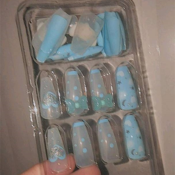 YADORNOS Set 24 móng tay giả YADORNOS dáng dài xanh dương có thể tháo rời