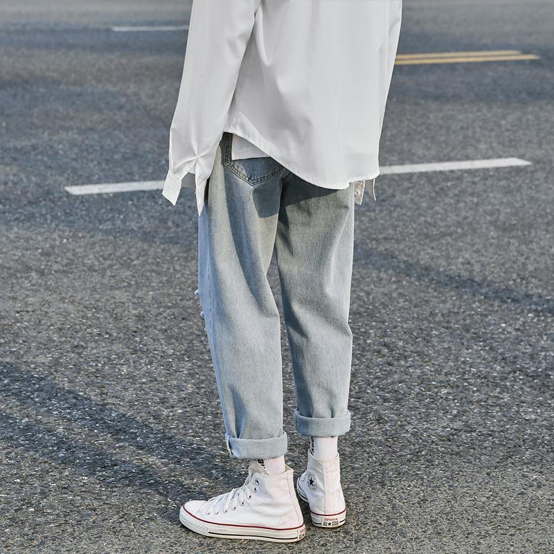 Men jeans Wide Leg denim pant Loose Straight Baggy men's jeans Streetwear Hip Hop casual Skateboard pants S-5XL Neutral trousers Summer thin jeans with holes men's wide legs loose trend light beggars' nine point versatile CEC straight pants