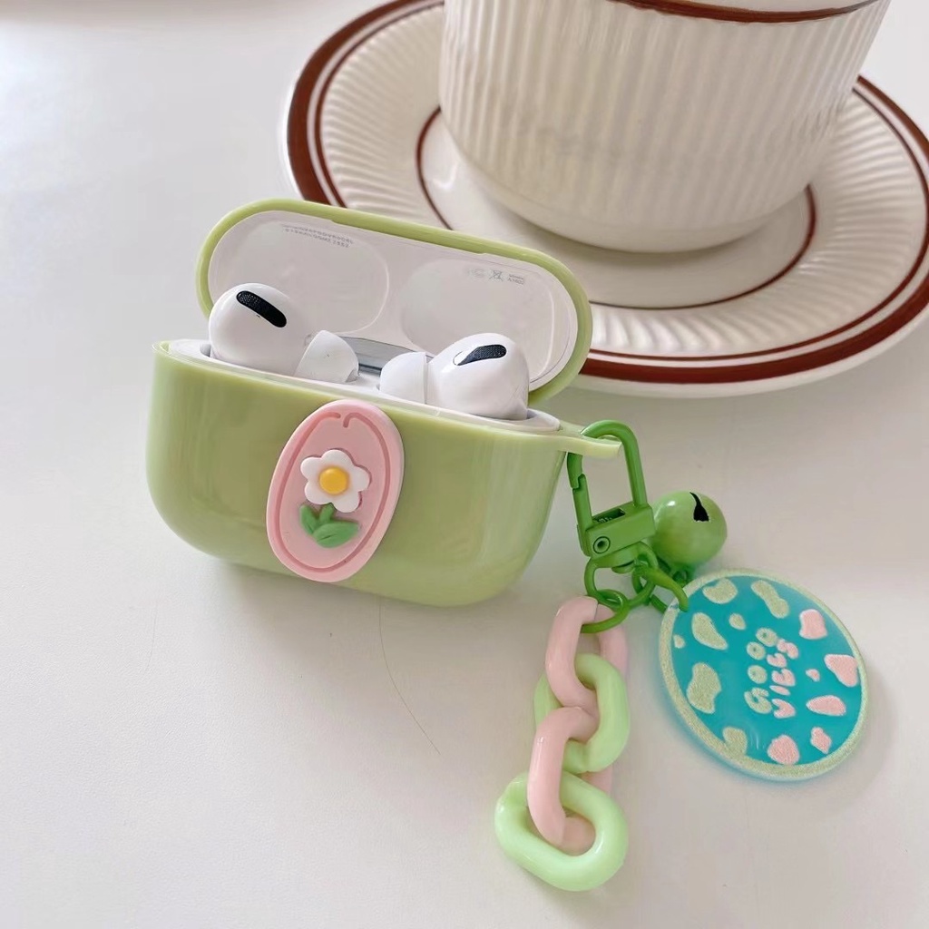 Vỏ Bảo Vệ Hộp Sạc Tai Nghe airpods 1 2 pro Bằng tpu Mềm Hình Hoa Phối Dây Xích Màu Xanh Lá