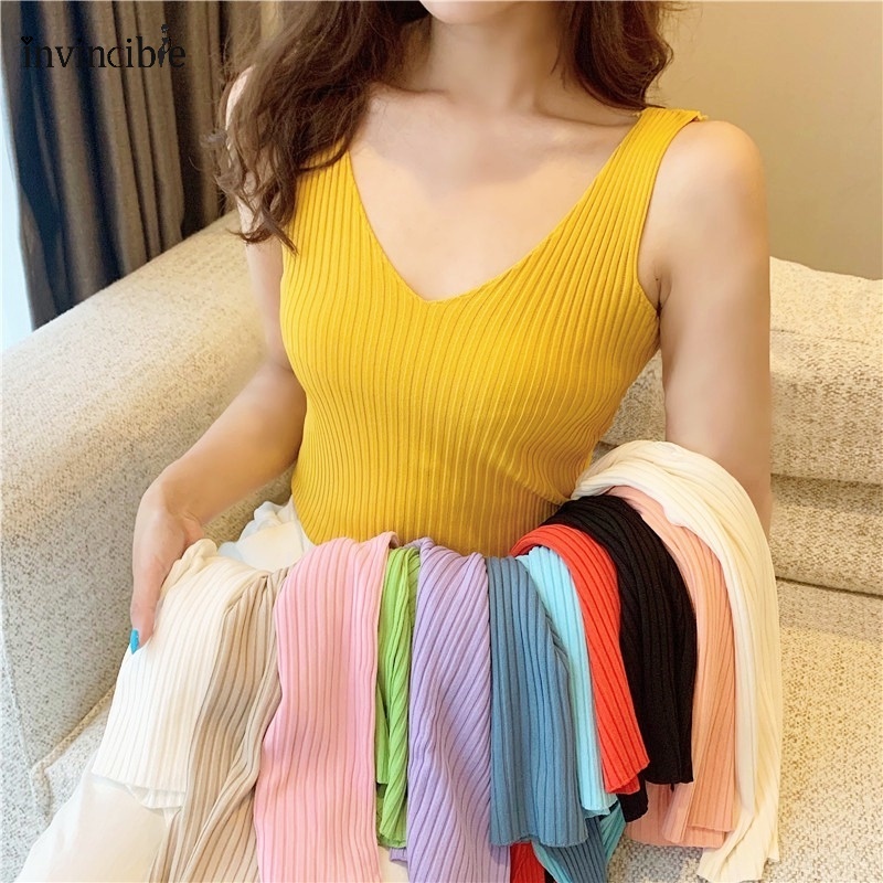 Áo Hai Dây Dệt Kim Mỏng Mềm Mại Cổ Chữ V Họa Tiết Kẻ Sọc Thời Trang Cho Nữ