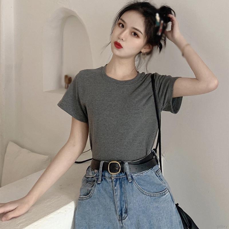 Áo Thun Tay Ngắn Màu Trơn Phong Cách Hàn Quốc Dễ Thương