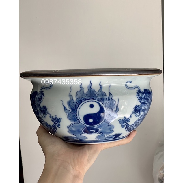 Bát hương lựu vẽ sen rồng xanh ngọc gốm Bát Tràng