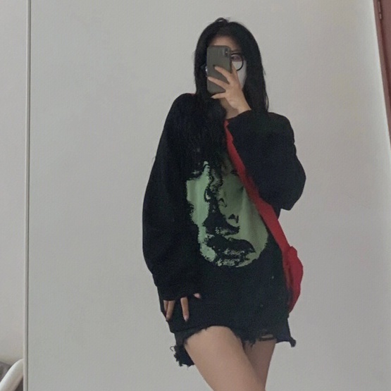 ZHELIHANGFEI Áo Thun Tay Dài Cổ Tròn Form Rộng Họa Tiết In Hợp Thời Trang