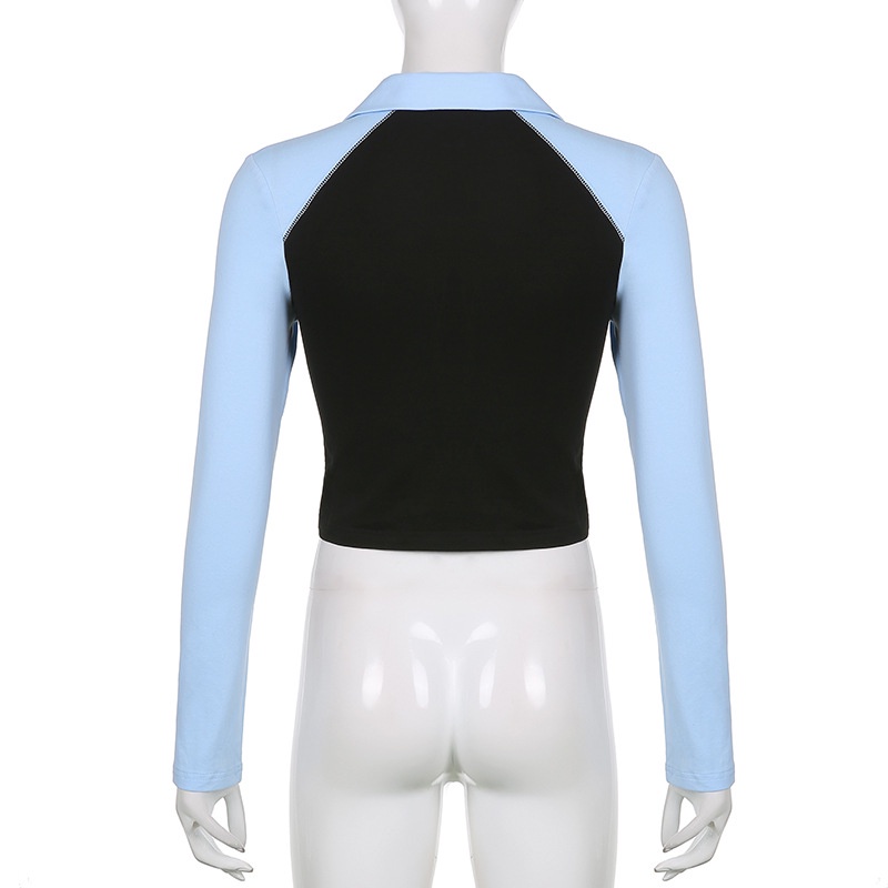 Áo croptop tay dài cổ bẻ dáng ôm in họa tiết màu sắc tương phản thời trang cho nữ