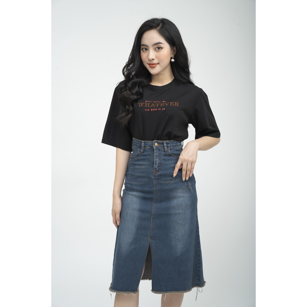 Chân váy bò nữ dáng A, chân váy Jeans dáng dài xẻ trước, túi ốp thân sau FIONA B242007