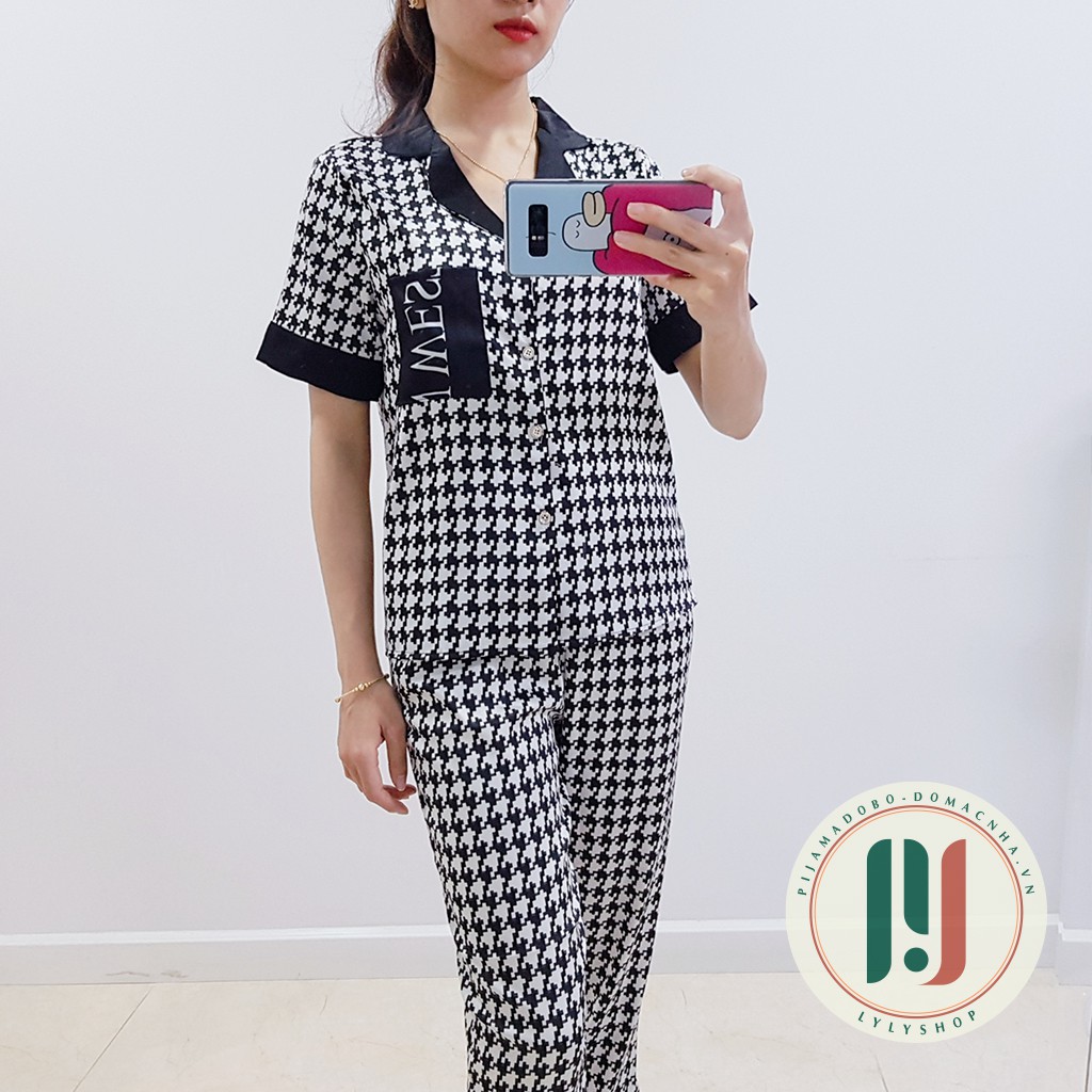 [HOÀN XU + MIỄN SHIP] Đồ bộ pijama, Đồ bộ nữ cao cấp mặc nhà họa tiết răng sói đáp túi lụa Latin mềm mịn, thoáng mát