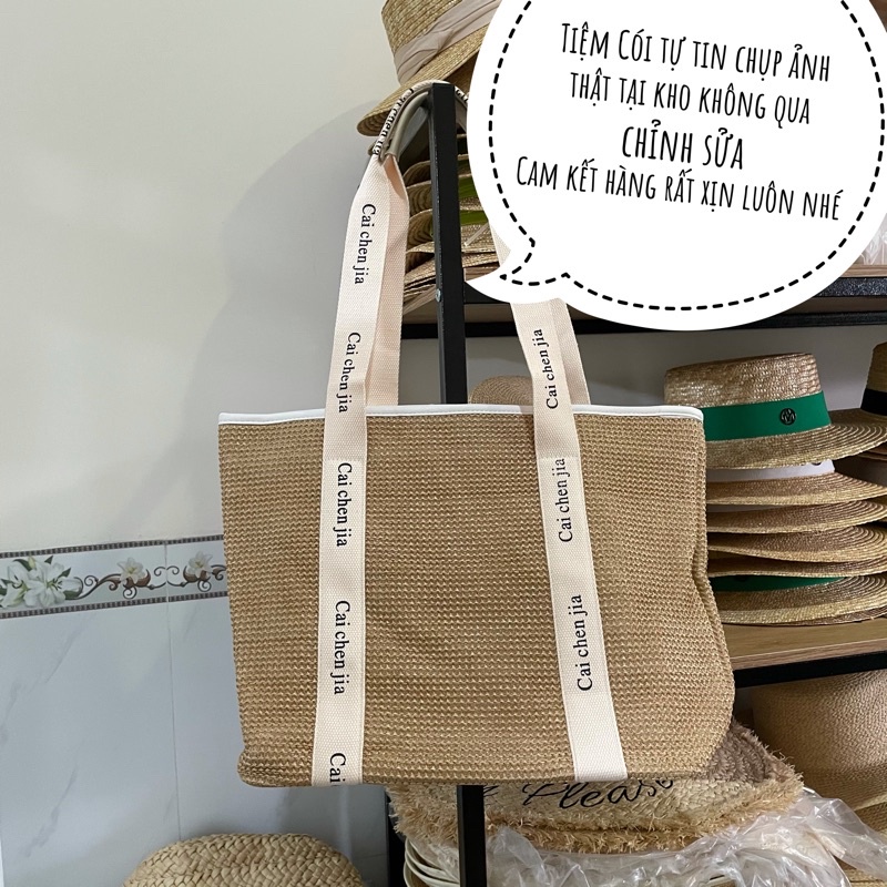 Túi tote đeo vai bằng cói dây đeo in chữ Caichenjia