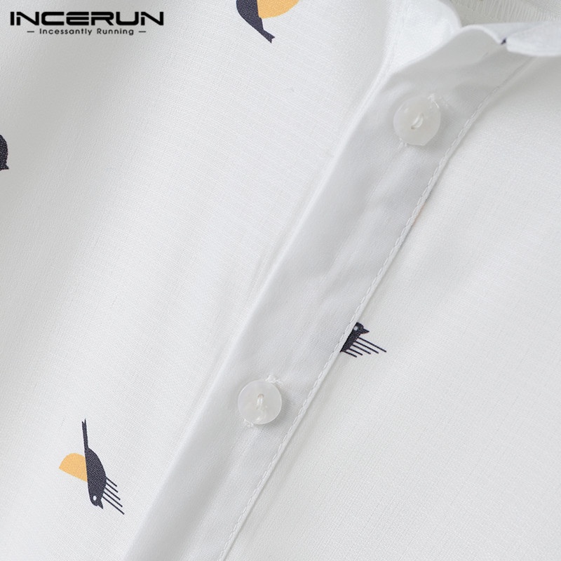 INCERUN Áo Sơ Mi Tay Dài In Họa Tiết Chim Cổ Điển Thời Trang Cho Nam