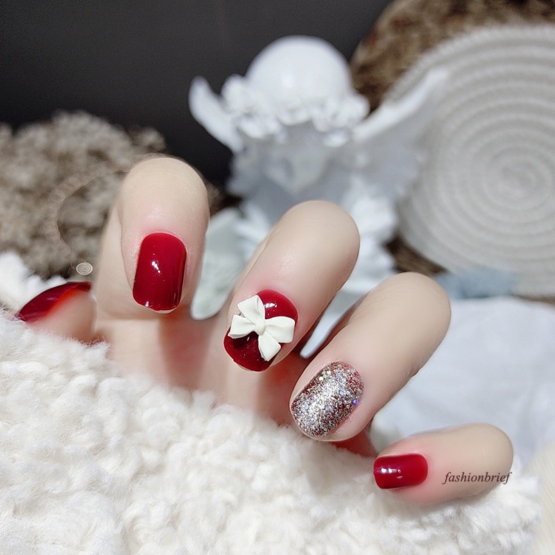 [Hàng mới về] Set 24 móng tay giả đính nơ màu trắng xinh xắn thời trang cho nữ